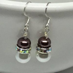 Brown & Off White Pearls w Rhinestone Earrings